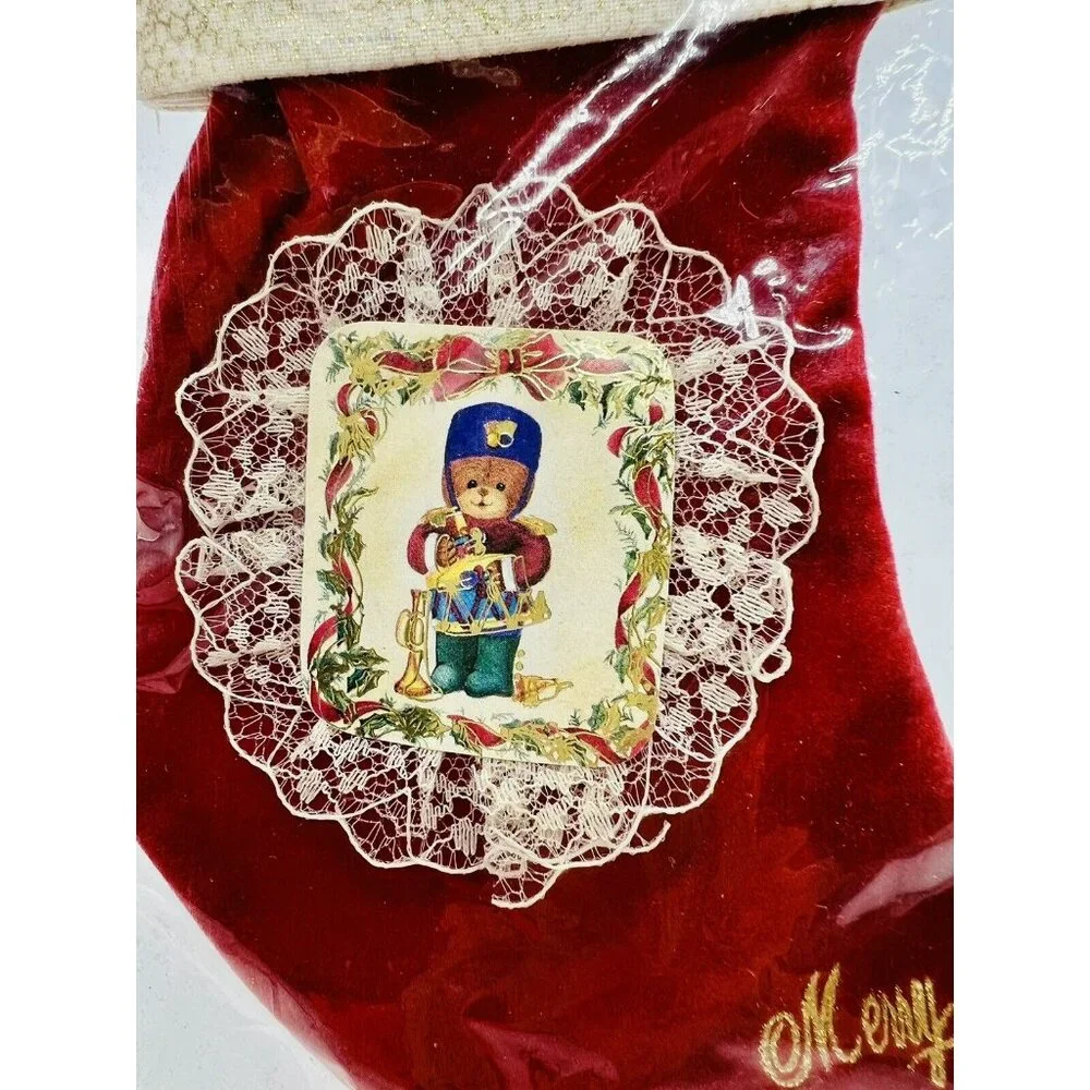 Miniature Christmas Stockings‎ Teddy Bears Red Velvet Lace SSCO Vintage Taiwan